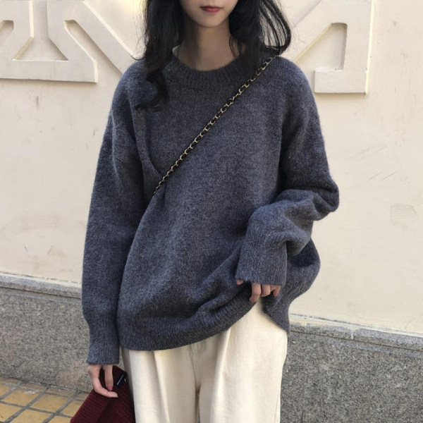 秋季韓版2023新款藍基礎款圓領套頭外穿慵懶風寬鬆長袖毛衣女