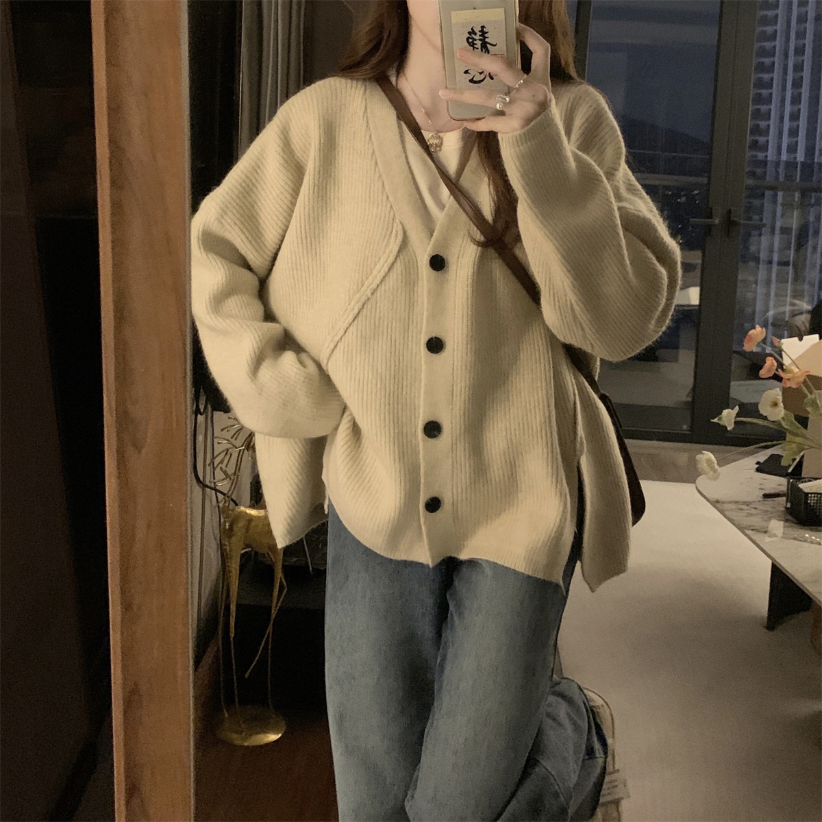 實拍 秋冬韓版寬鬆慵懶v領開叉北極絨百搭開衫針織毛衣外套女