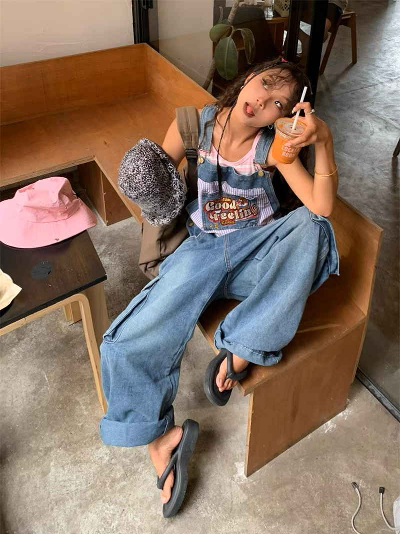 美式復古辣妹多巴胺穿搭韓版字母刺繡設計直筒褲遮肉牛仔褲