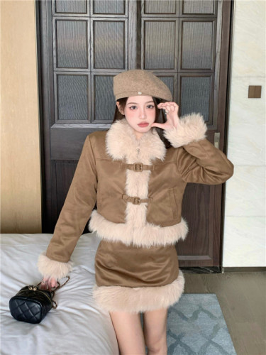 Actual shot~Roasted Chestnuts with Sugar Autumn and Winter New Style Thousand-Gold Style Fur Collar Coffee Colored Jacket and Skirt Suit