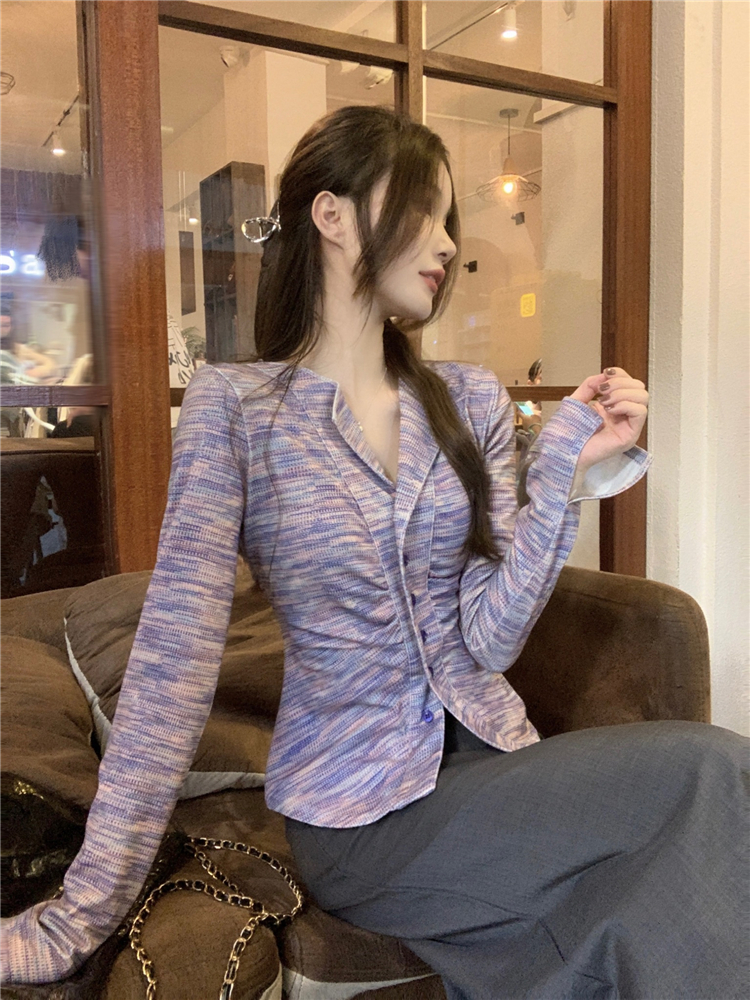 Real shot of purple long-sleeved pleated slimming sweet and spicy short cardigan top with back slit high waist suit skirt