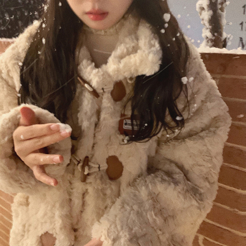 Korean style lining horn button lamb velvet cotton top thickened plush cotton coat women's fur coat