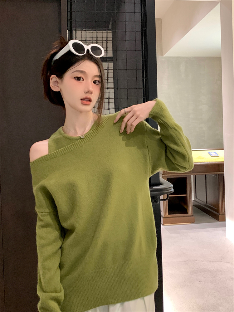 實拍！可拆卸~兩件套長袖斜肩套頭毛衣女慵懶風氣質綠色針織套裝