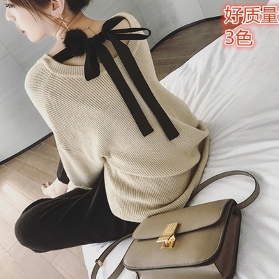 2023秋冬季毛衣韓國chic風套頭v領後背綁帶針織衫寬鬆顯瘦打底衫