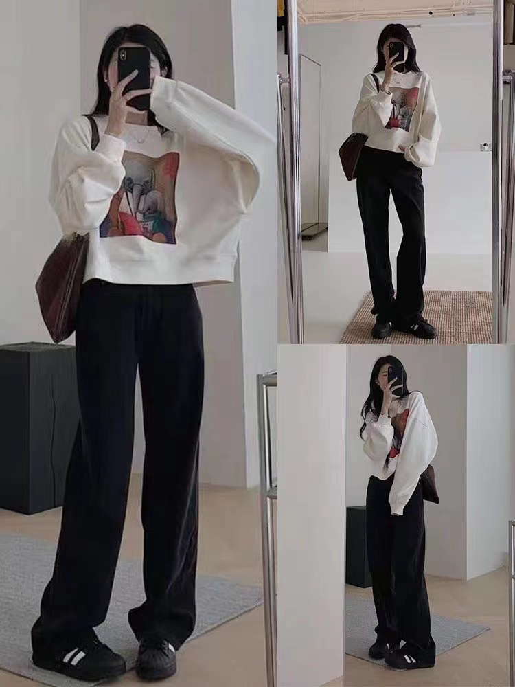 Pure cotton composite petite short sweatshirt women's autumn and winter loose lazy style long-sleeved round neck top