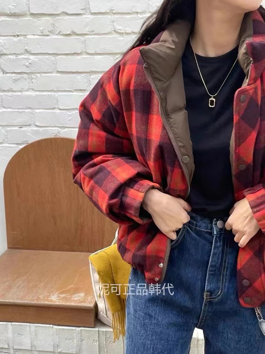 Retro reversible tartan cotton coat for women thickened long sleeve half turtleneck bread coat for women