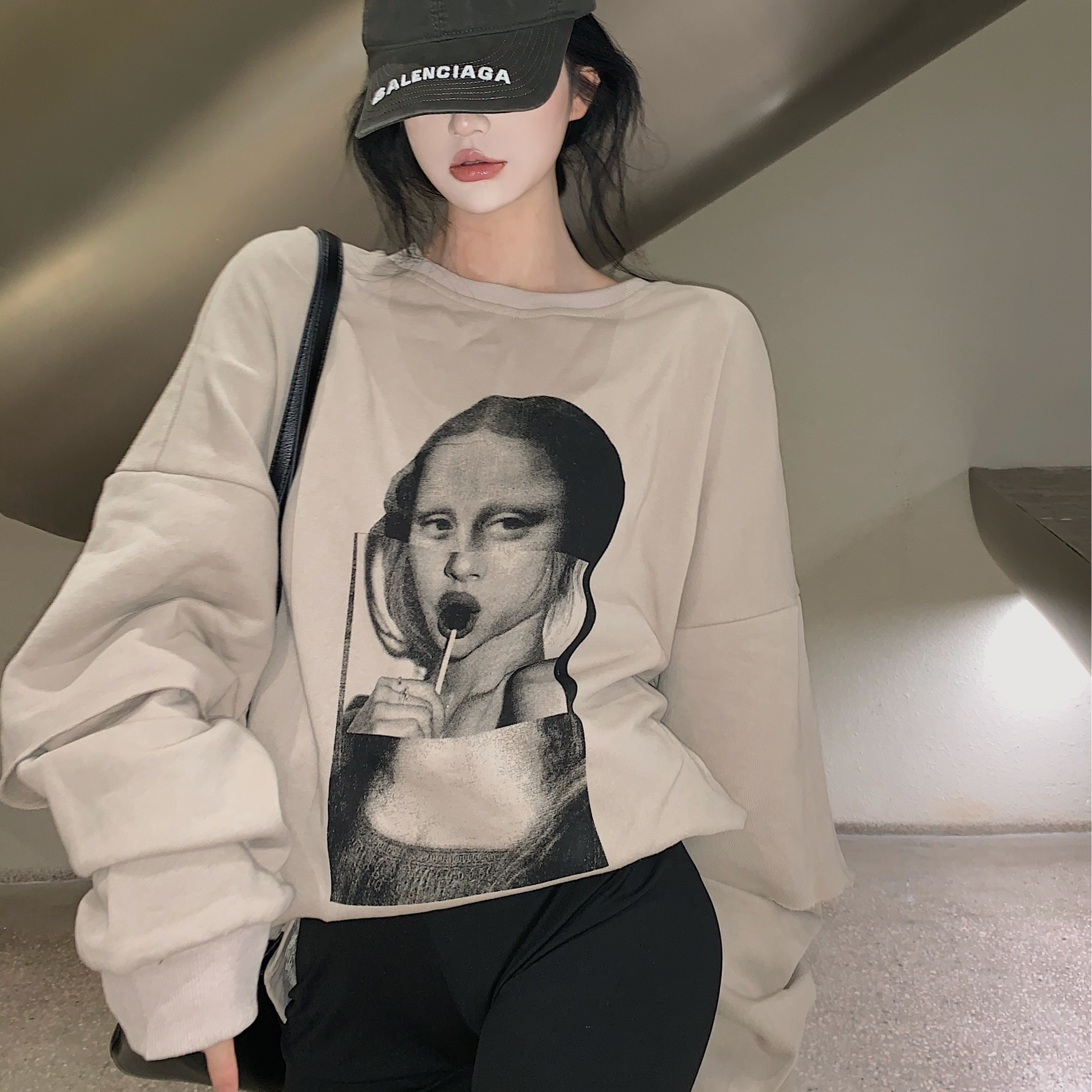 長袖衛衣女2023港風chic印花復古寬鬆網紅假兩件上衣中長款秋