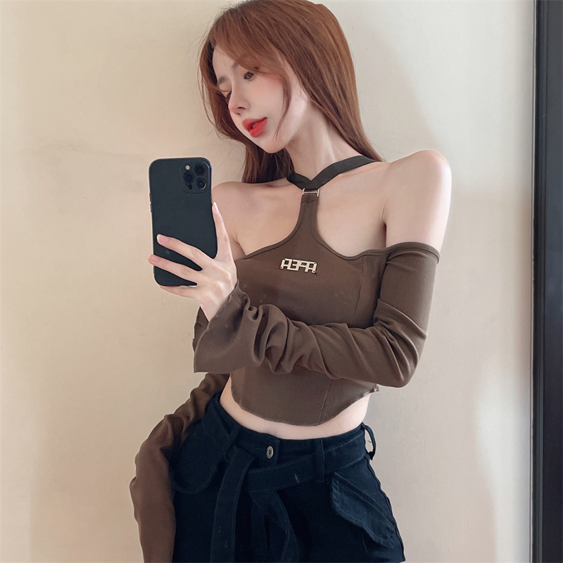 實拍  秋季新款美式性感露肩交叉掛脖T恤女設計感一字肩上衣