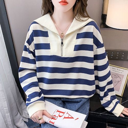 慵懶風長袖條紋衛衣女秋冬新款設計時尚修身韓版海軍領上衣絲光棉