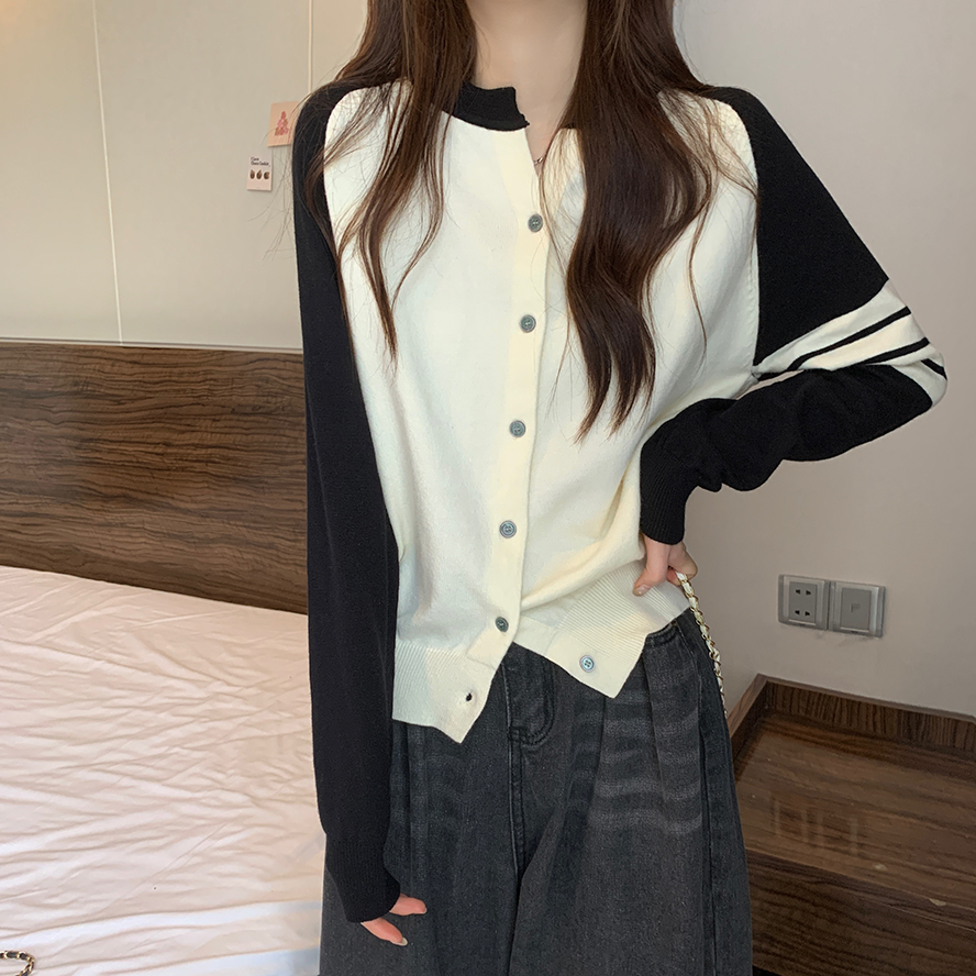 Korean style color block striped knitted cardigan early spring loose casual fashion contrast color long sleeve versatile round neck top jacket