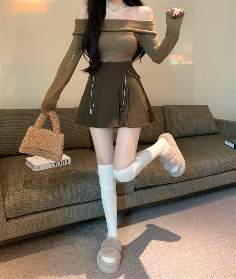 實拍  辣妹系帶高腰顯瘦顯腿長A字百褶裙修身減齡半身裙