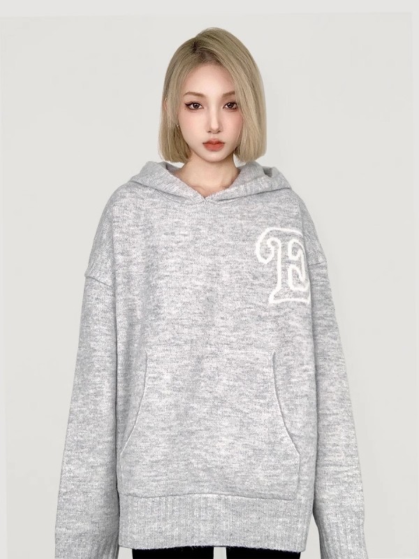FCURVE 原創國潮連帽灰毛衣針織衫美式高街寬鬆慵懶小眾帽衫男女