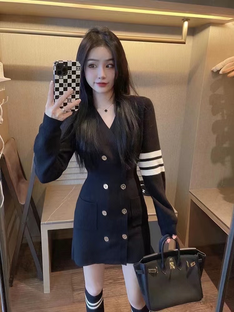 小個子v領修身毛衣打底包臀短裙子秋冬長袖收腰小香風針織連衣裙