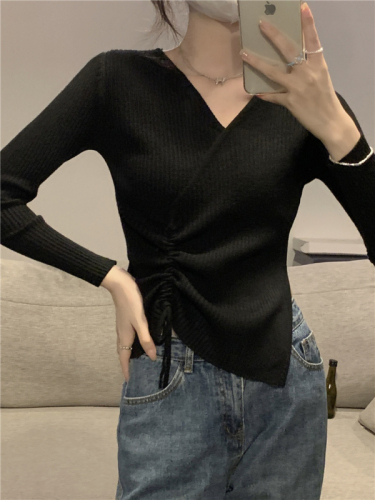 Real shot of core-spun yarn cross knitted sweater for women, fashionable western style button long-sleeved top base sweater