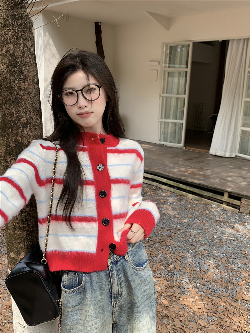 實拍 新款 慵懶風撞色條紋軟糯毛衣開衫外套女