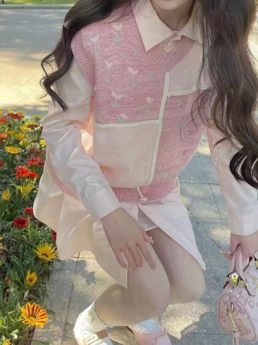 韩版粉色拼接毛衣设计感小众女温柔系针织花卉马甲背心女款春秋