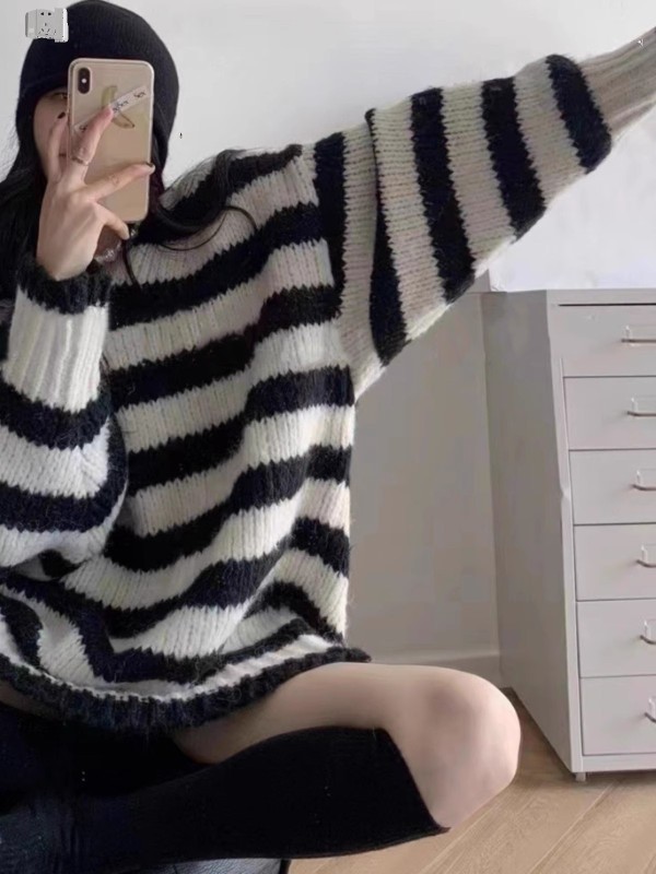 韓系撞色條紋中長款粗線毛衣女秋冬新款V領寬鬆慵懶風針織衫上衣