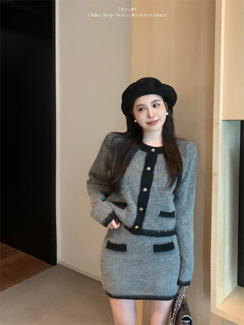 實拍 羊駝毛長絨感漸變設計針織兩件套套裝