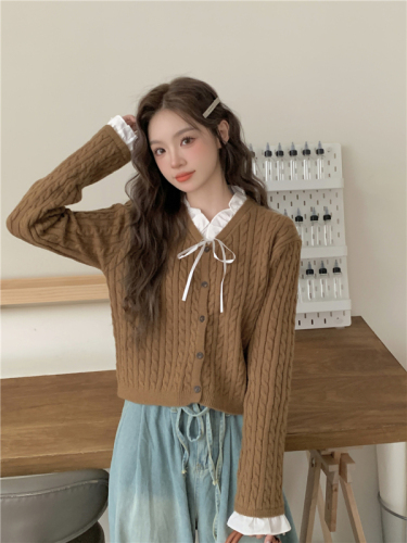 Actual shot of Korean spliced ​​ribbon fungus-edged twist knitted cardigan, versatile college style sweet age-reducing jacket