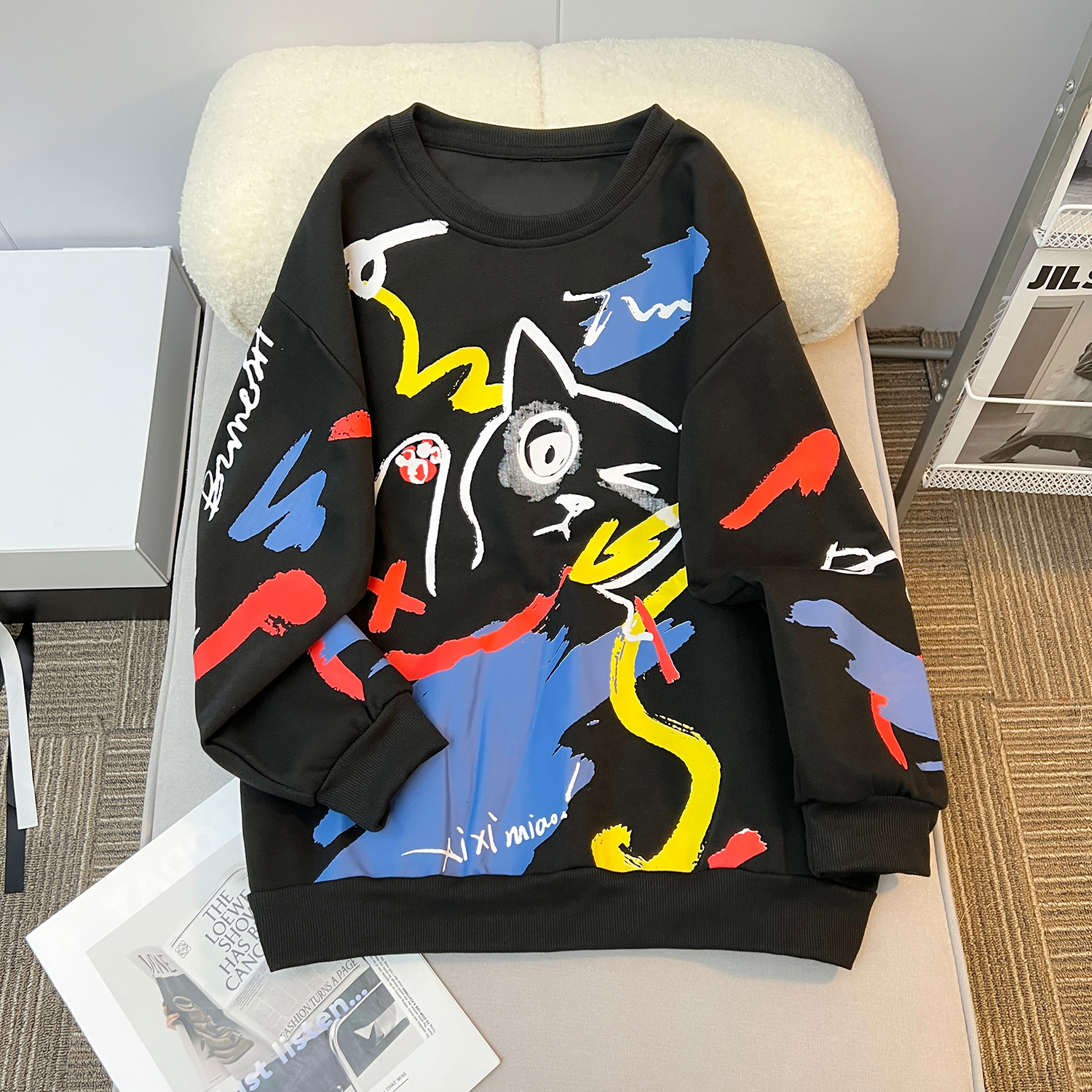 Actual shot of 2023 autumn clothing Korean style loose round neck cartoon print mid-length plus size women's thin sweatshirt for women