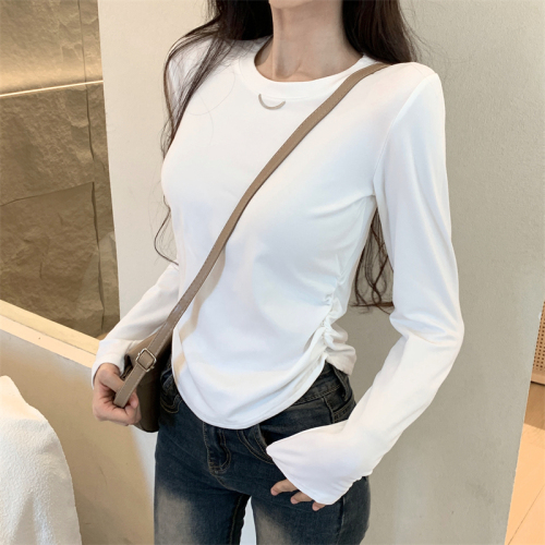 Real shot Autumn design pleated slimming bottoming shirt long-sleeved T-shirt top