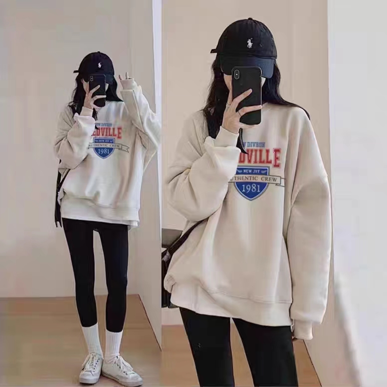 Thin Chinese cotton milk silk plus velvet Chinese cotton silver fox velvet round neck printed sweatshirt for women couple quality