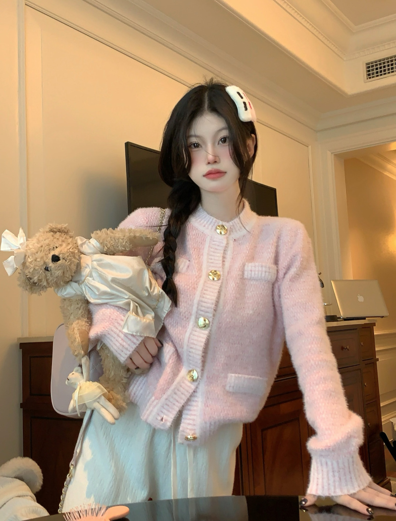 Actual shot of new autumn and winter pink imitation mink sweater jacket for women Xiaoxiang knitted sweater + knitted wide-leg pants