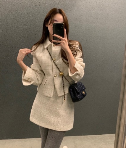 Korean chic autumn new French lapel tweed long-sleeved small coat + A-line skirt