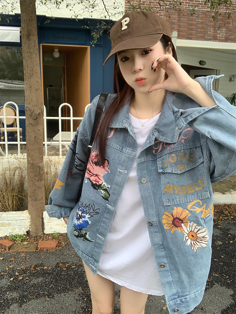 花卉印花oversize牛仔外套女2023秋季寬鬆小眾水洗百搭夾克潮