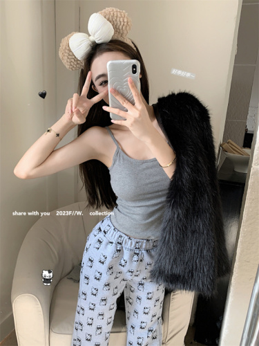 Real Shot Film Diary Korean Style Lazy Style Fur Jacket Bottoming Suspenders Cartoon Cat Flared Pants