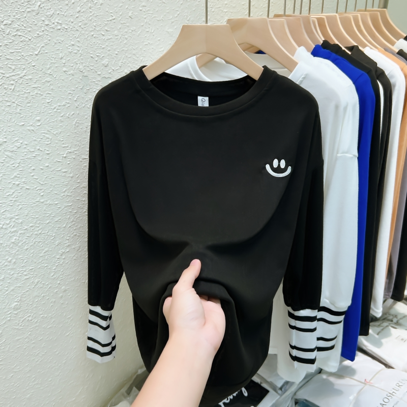 實拍  有氨德絨 刺繡笑臉磨毛保暖長袖T恤女打底衫
