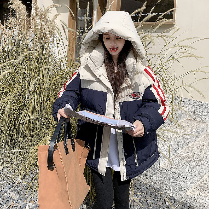 鴨鴨同款2023冬季新款撞色時尚韓版羽絨服女寬鬆加厚保暖棉服外套