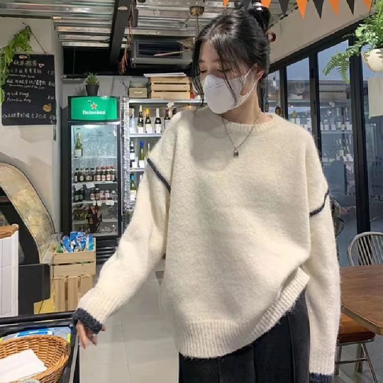 氛圍感軟糯套頭毛衣女秋冬2023新款寬鬆慵懶風圓領針織上衣
