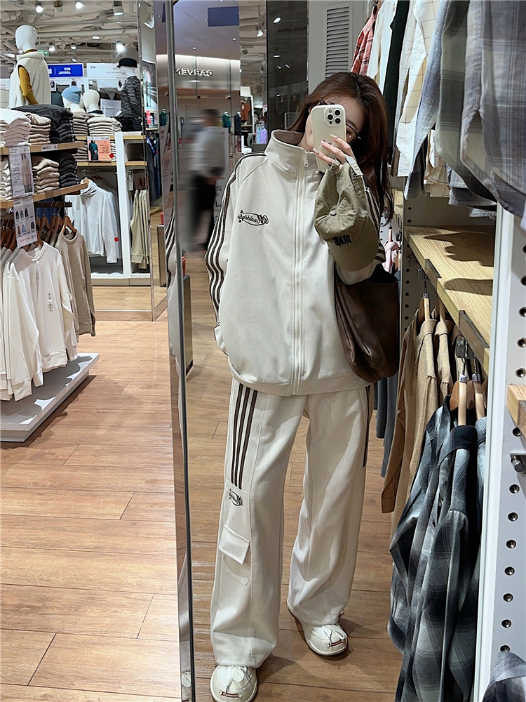 實拍~三條槓織帶撞色寬鬆休閒百搭夾克外套+寬鬆闊腿褲套裝女