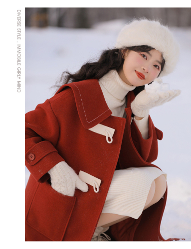 Autumn and winter  New Year red embroidered sweet woolen coat for women with butterfly knot doll collar trendy coat for women