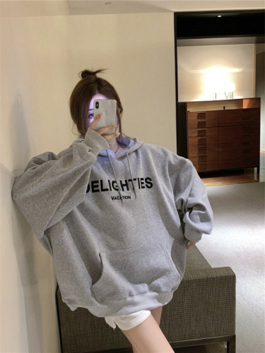 Official picture of lazy style loose-fitting velvet thickened hooded tops for small people women's autumn and winter new design niche sweatshirts