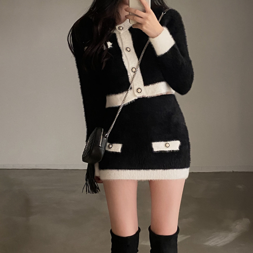 Korean chic temperament small fragrance plush knitted cardigan hot girl short skirt two-piece set for women
