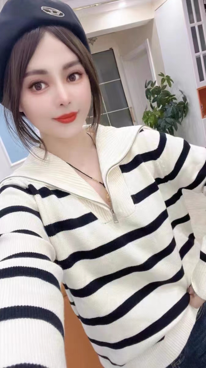 撞色條紋大翻領連帽針織衫女冬半拉鏈螺紋百搭短毛衣