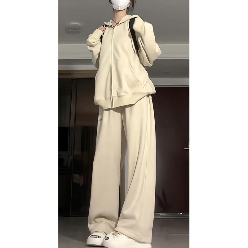 網紅鹽系休閒運動服套裝女秋季學生港味復古杏色衛衣闊腿褲兩件套