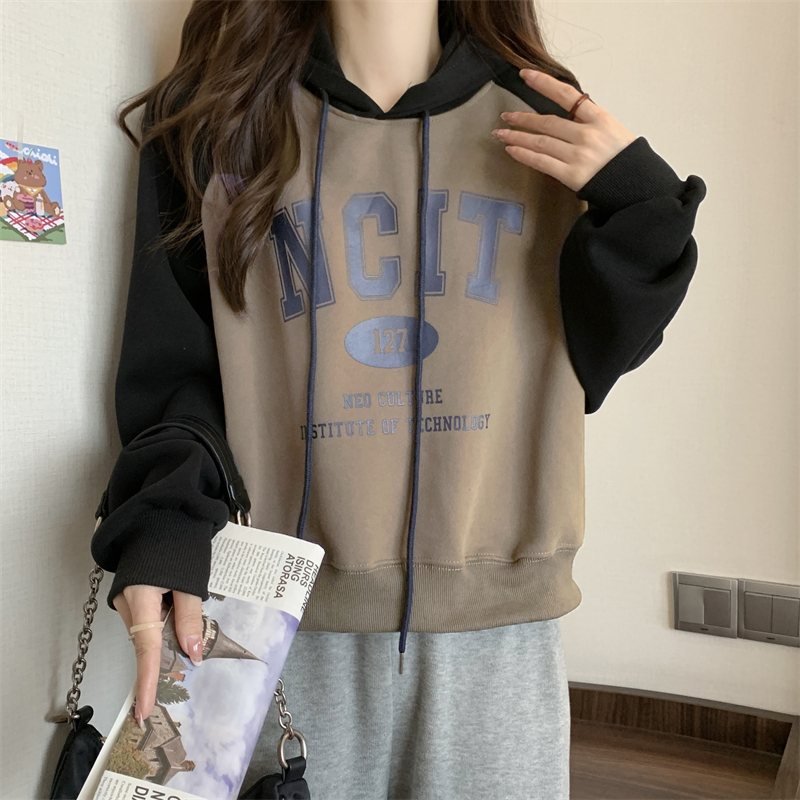 Autumn and winter new style double layer hat thin hooded printed patchwork sweatshirt for women Korean style letter printed loose and versatile top