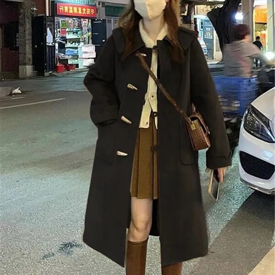 牛角扣日系翻領毛呢外套女冬季新款呢子大衣小個子加厚中長款
