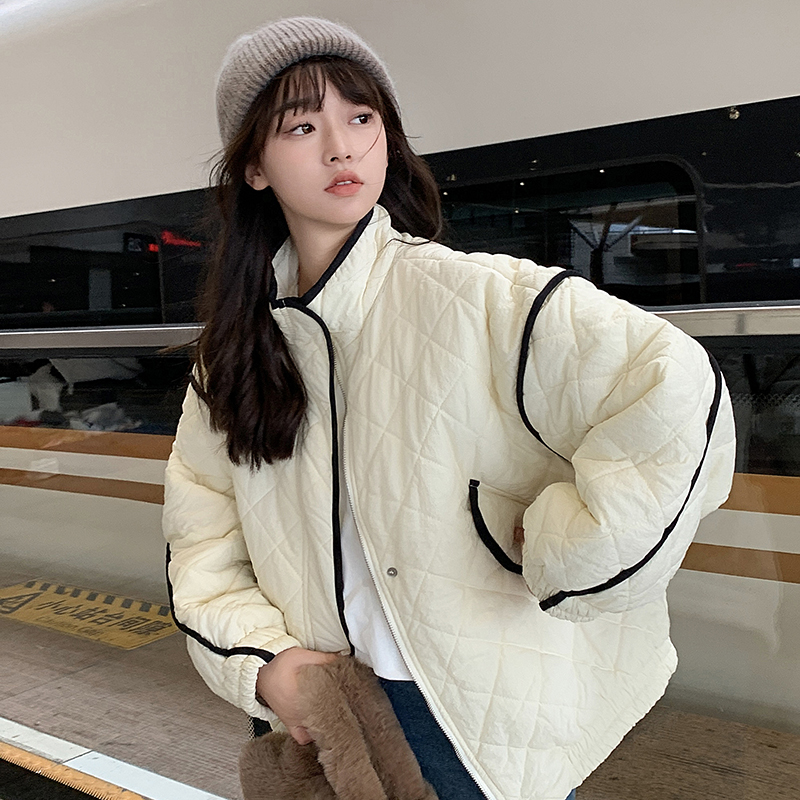 實拍短款菱格輕薄棉服女小個子2023冬新款寬鬆保暖設計感棉衣外套