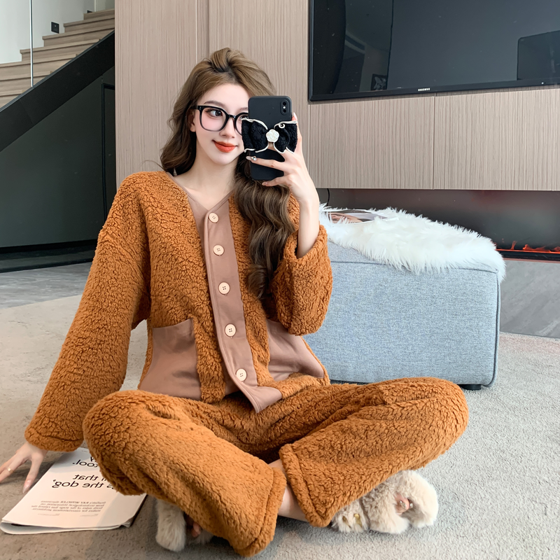 實拍羊羔絨睡衣設計感保暖加厚珊瑚絨家居服女可外穿兩件套裝