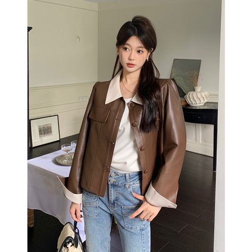 Plus Size Women's Leather Coat Loose Versatile Shirt Collar Large Size Jacket