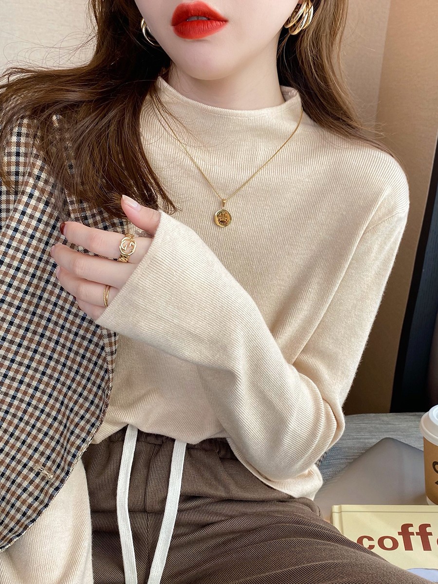 原版質量半高領打底衫女秋冬2023新款針織毛衣內搭寬鬆長袖上衣