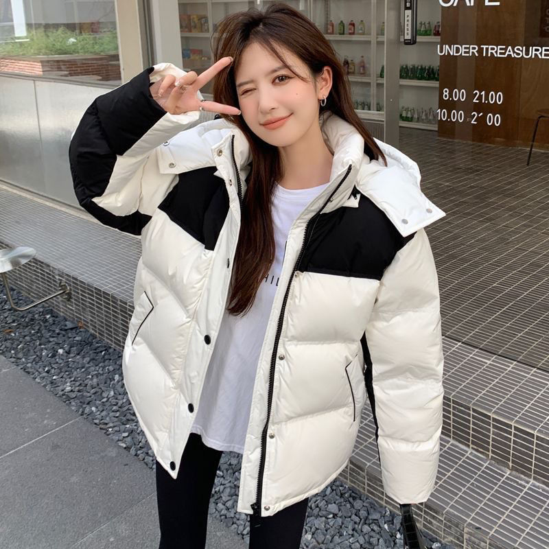 2023冬連帽棉服女秋冬季設計款撞色寬鬆加厚麵包服中長款棉衣外套