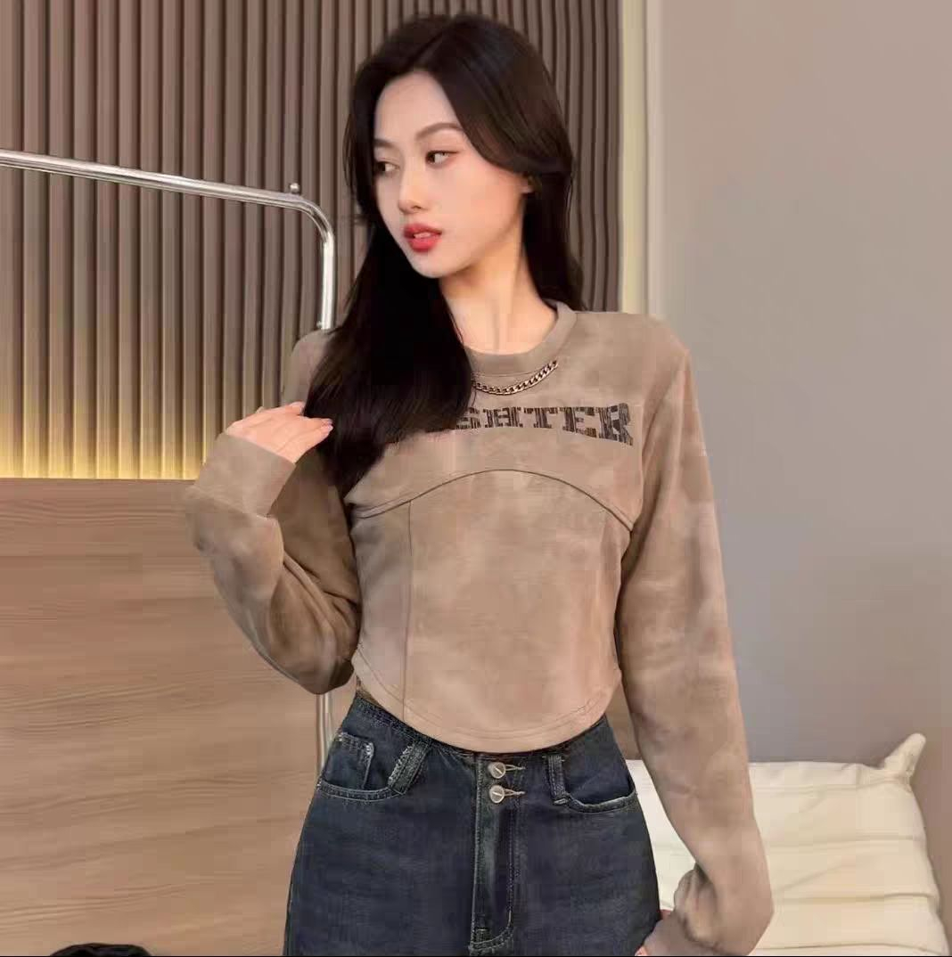 美式上衣女秋冬季新款設計感獨特正肩短款長袖T恤