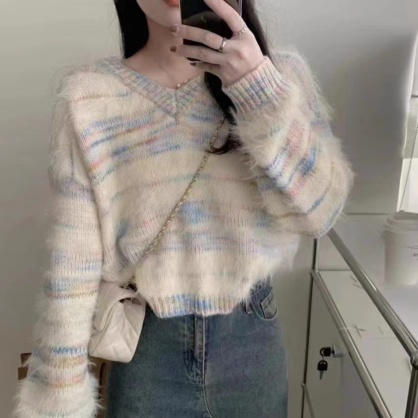 Colorful striped mohair sweater for women in autumn and winter thickened gentle lazy style loose short v-neck sweater top