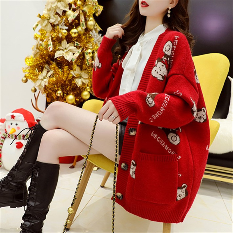 Korean cartoon sweater cardigan for women mid-length 2023 spring new style loose lazy style knitted jacket spring and autumn