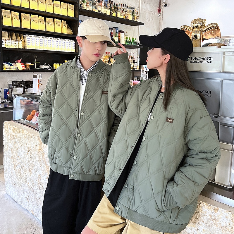 實拍 新款菱形格情侶羽絨服女寬鬆學生ins夾克棉服oversize外套